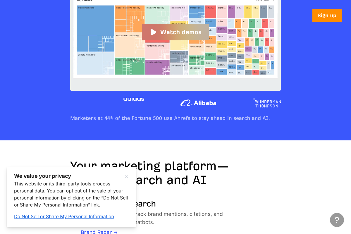 Ahrefs homepage scrolled to the Brand Radar feature callout, confirming the tool tracks brand mentions and citations across chatbots