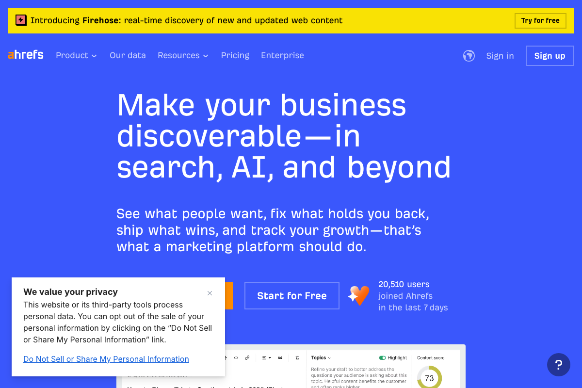Ahrefs.com homepage as of April 2026, positioning itself as an AI Marketing Platform with the new Firehose feature