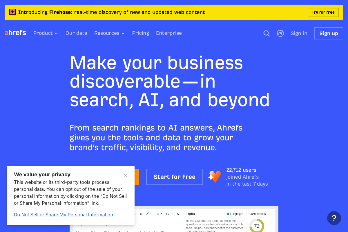 Ahrefs homepage (ahrefs.com) showing current AI Marketing Platform positioning and free starting tier.