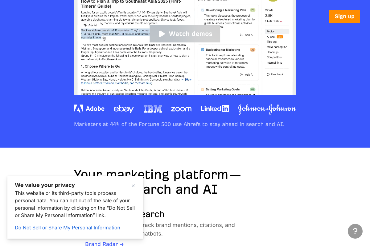 Ahrefs homepage section confirming AI-surface tracking and chatbot citation monitoring as current product features