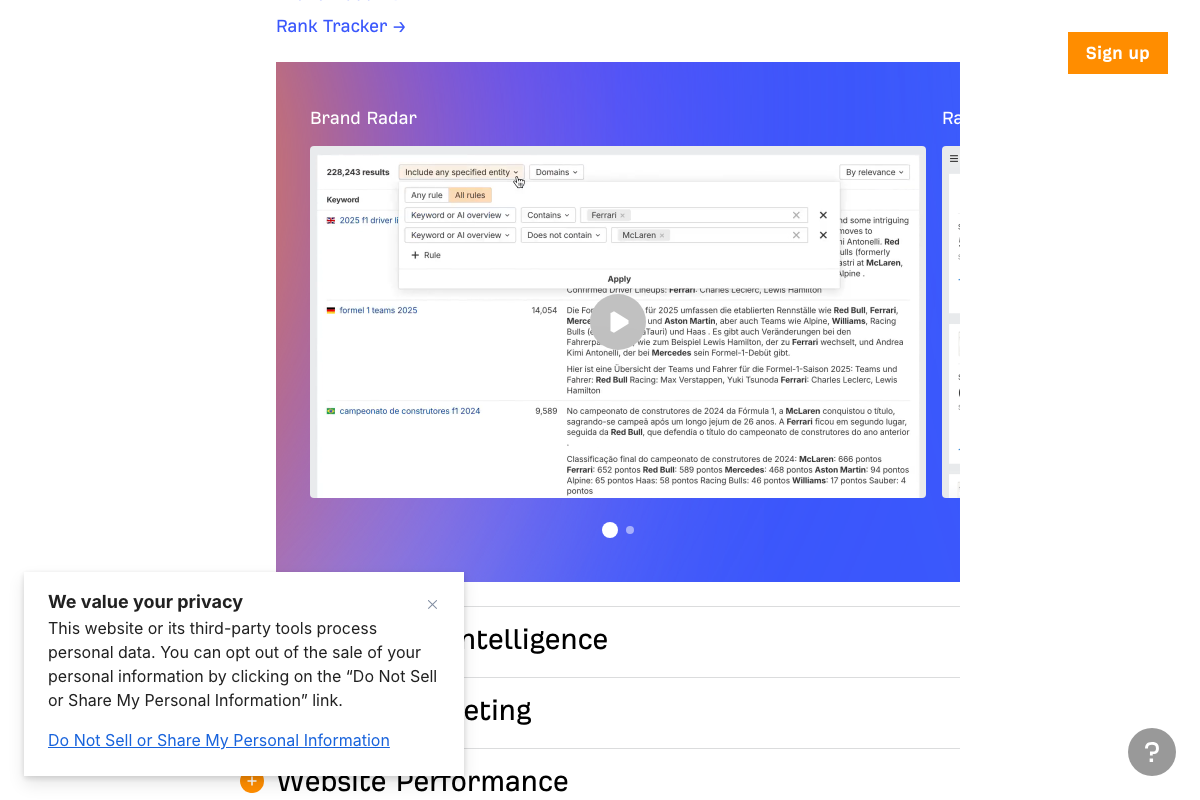 Ahrefs homepage showing Brand Radar keyword filtering interface and expanded product navigation categories.