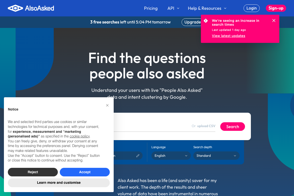AlsoAsked.com homepage showing the PAA keyword research interface with Language and Search Depth controls, a CSV upload option, and a free-tier search counter.