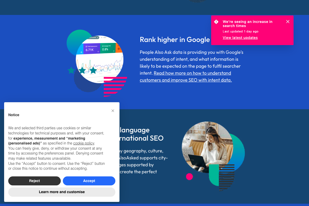 AlsoAsked feature section confirming the tool surfaces Google's intent data, with a callout for multi-language and international SEO targeting.