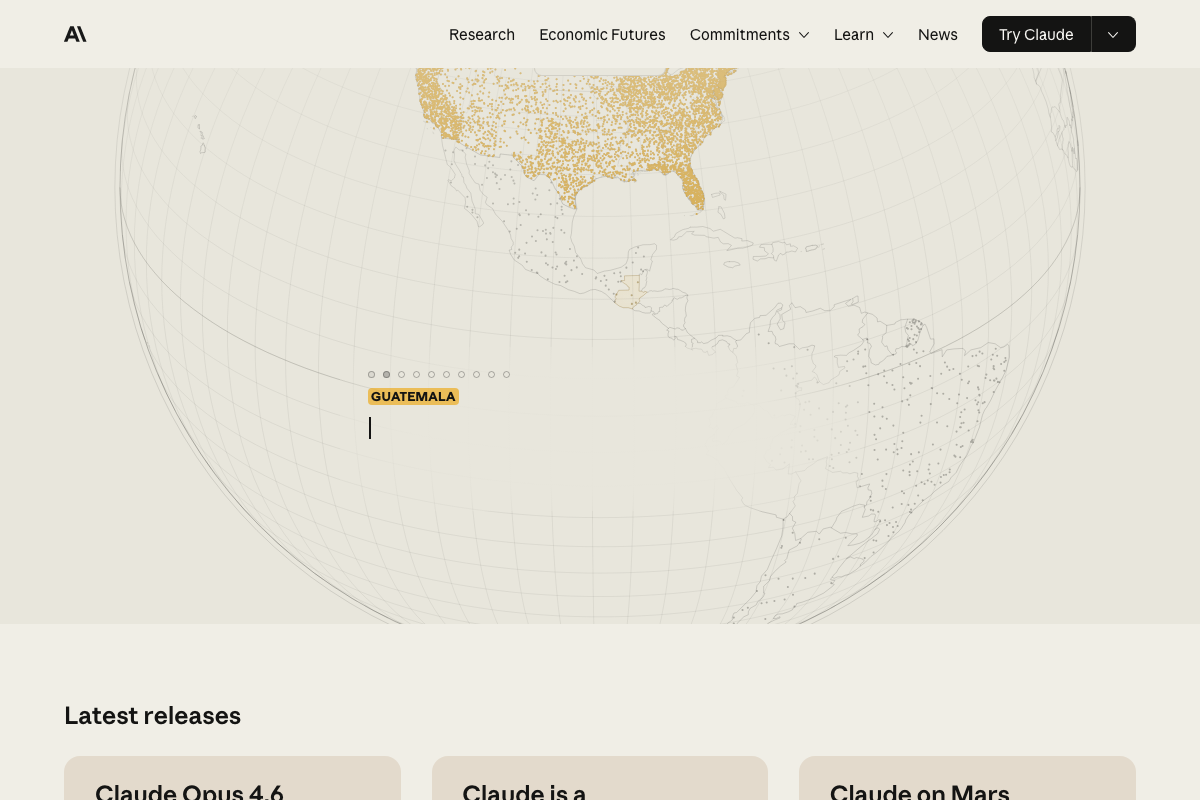Anthropic homepage 'Latest releases' section showing Claude Opus 4.6 (Feb 5, 2026) and two additional announcements; Claude Code documentation was not captured