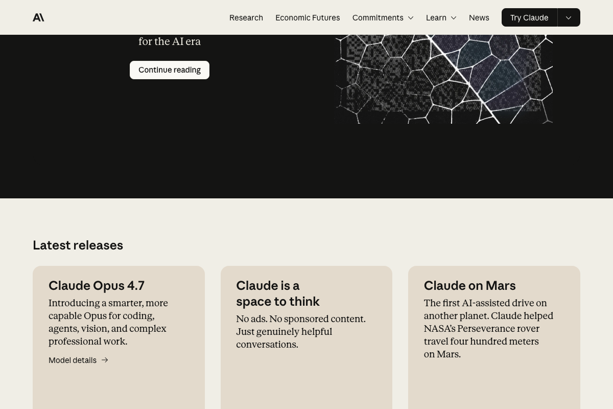 Anthropic homepage showing Claude Opus 4.7 as the current flagship model with explicit agent and vision capabilities listed