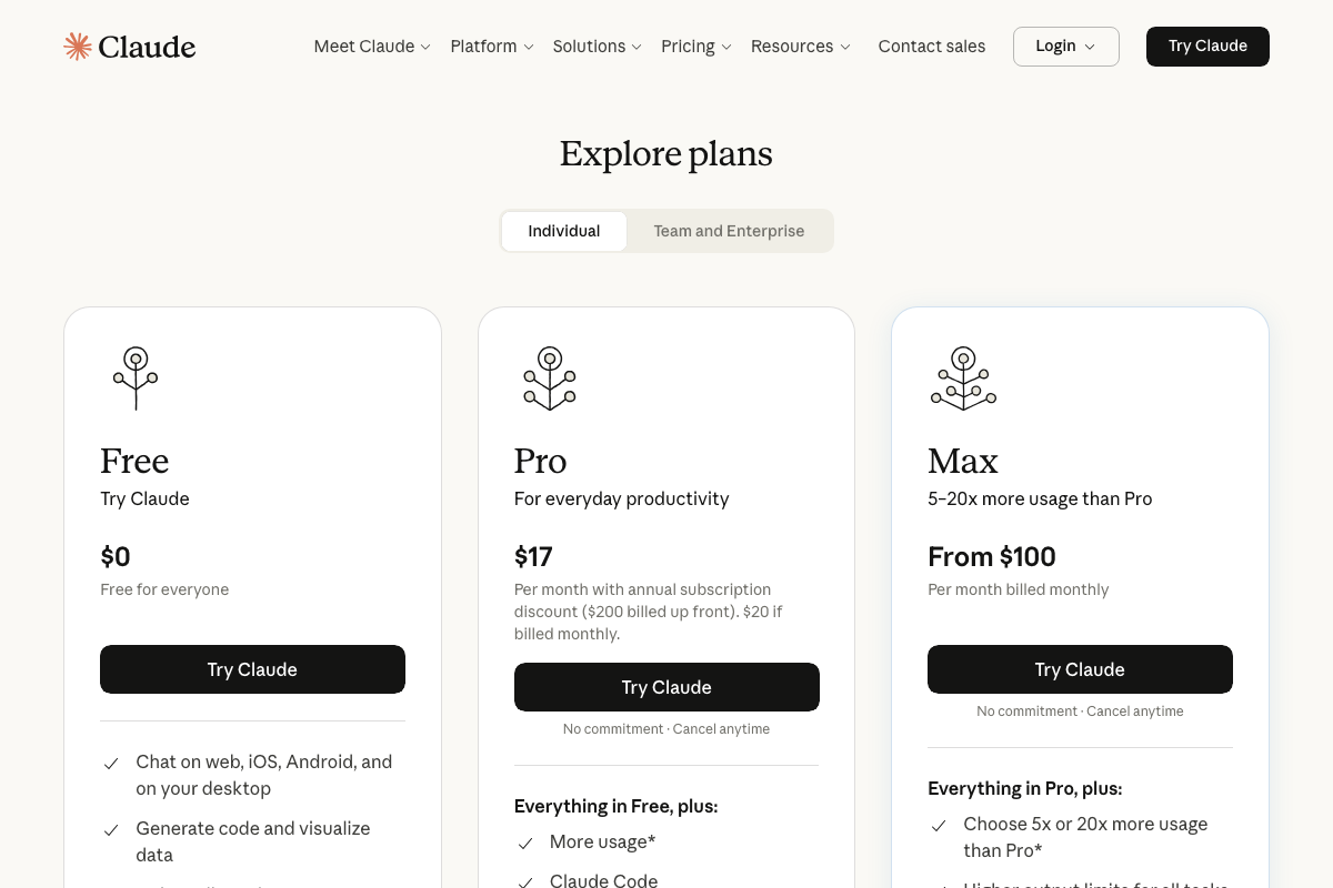 Claude.ai pricing page showing Free, Pro ($17–$20/mo), and Max (from $100/mo) tiers — free tier is sufficient for step 2