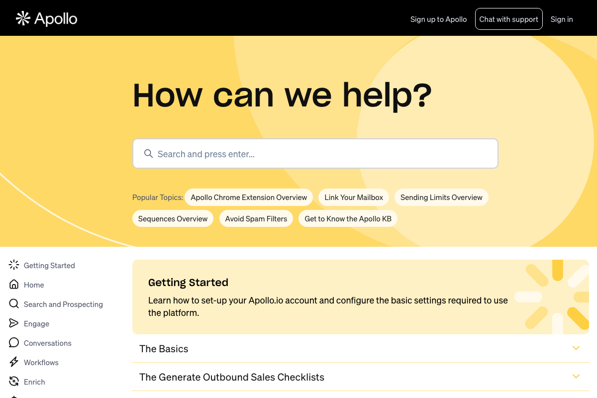 Apollo knowledge base homepage showing platform categories including Search and Prospecting and Engage, with spam filter avoidance listed as a popular topic.