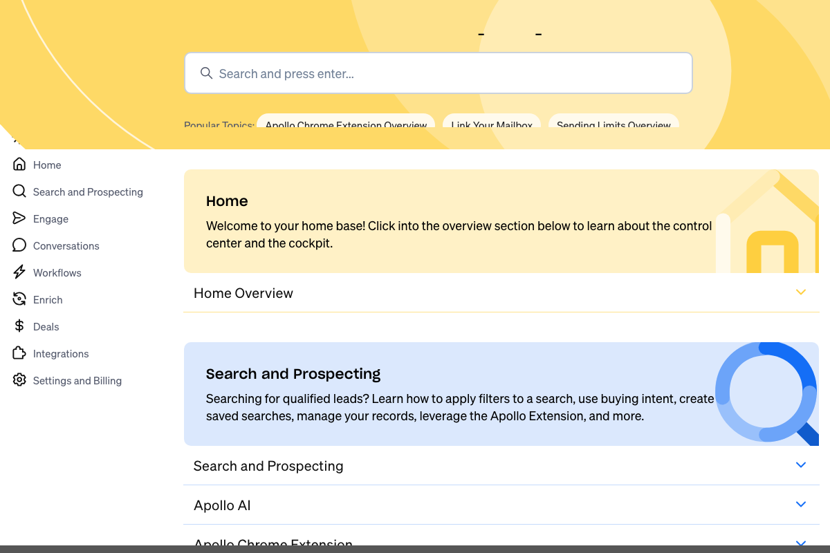Apollo knowledge base showing Search and Prospecting documentation category with Apollo AI and Chrome Extension sub-sections.