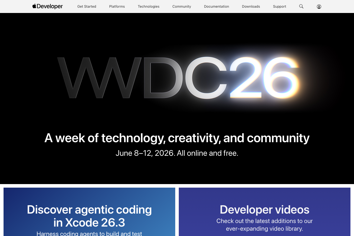Apple Developer homepage (April 2026) showing WWDC26 branding and Xcode 26.3 — the portal for iOS app distribution, though App Store Connect profile settings are not shown in this screenshot.