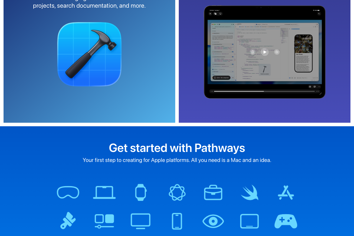 Apple Developer 'Get started with Pathways' section showing the multi-platform scope — iOS, iPadOS, macOS, watchOS, visionOS, and tvOS all accessible through one developer account.