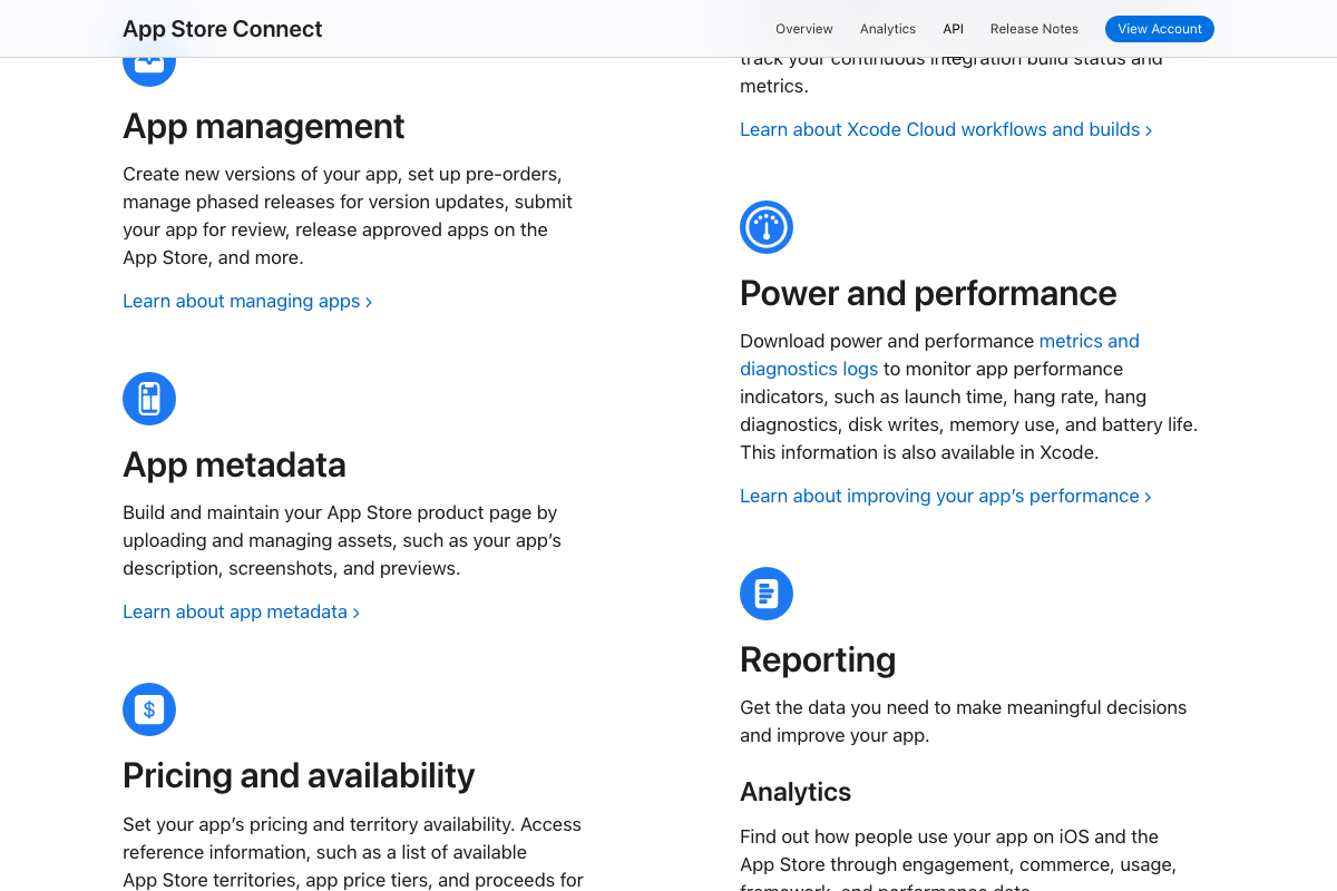App Store Connect API — App management, metadata, and pricing all confirmed as REST API operations
