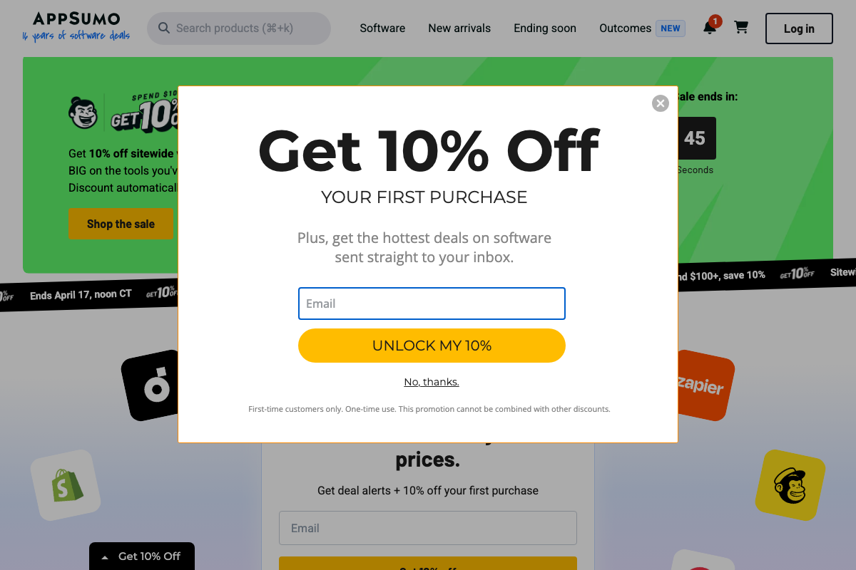 AppSumo homepage showing a sitewide $100+ savings promotion active through April 17 — separate from Blip AI deal pricing