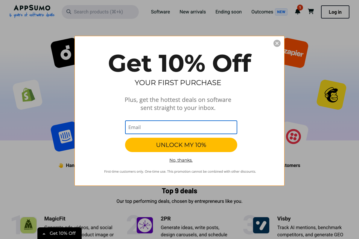 AppSumo listing for Visby ranked #3 in Top 9 deals — third-party confirmation of the platform's existence, with description: