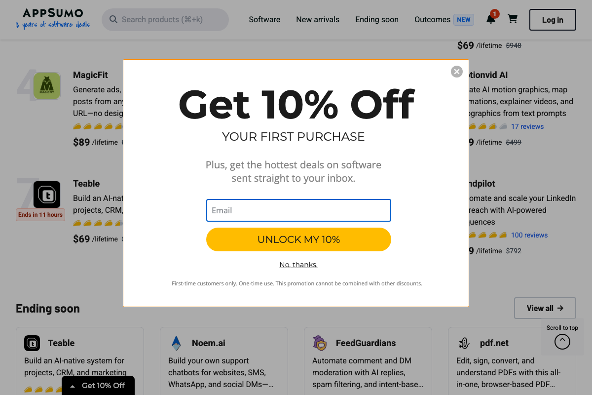 AppSumo deals page featuring Brandpilot (LinkedIn automation) and Teable (AI-native CRM) at lifetime pricing.