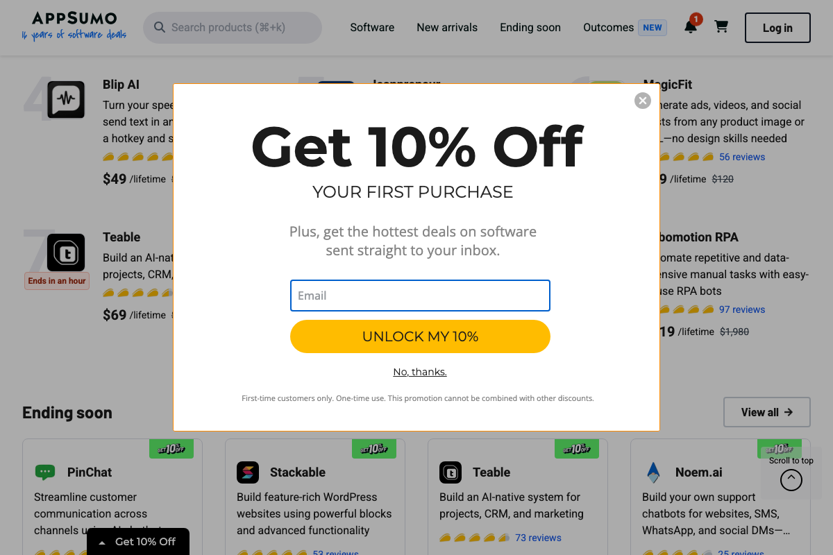 AppSumo deal listing showing Blip AI at $49/lifetime entry tier, with partial product description confirming hotkey-activated speech-to-text in any text field