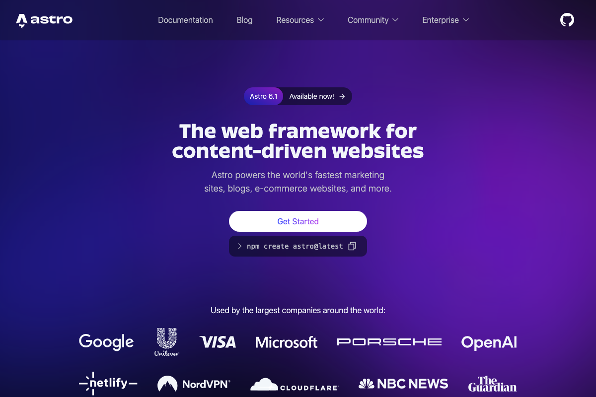 Astro 5.6 homepage confirming its positioning as a web framework optimized for content-driven websites, used by Google, Visa, Microsoft, and others.