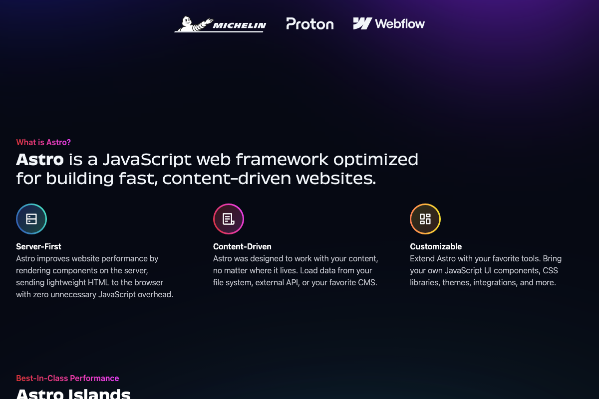 Astro's core architecture: Server-First rendering with zero unnecessary JavaScript overhead, Content-Driven data loading, and full framework customizability.