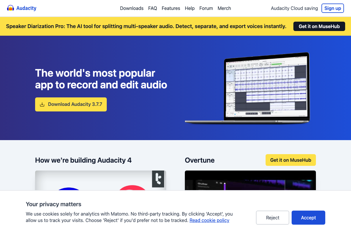 Audacity 3.7.7 homepage confirming free download, cloud saving, and MuseHub AI add-on availability