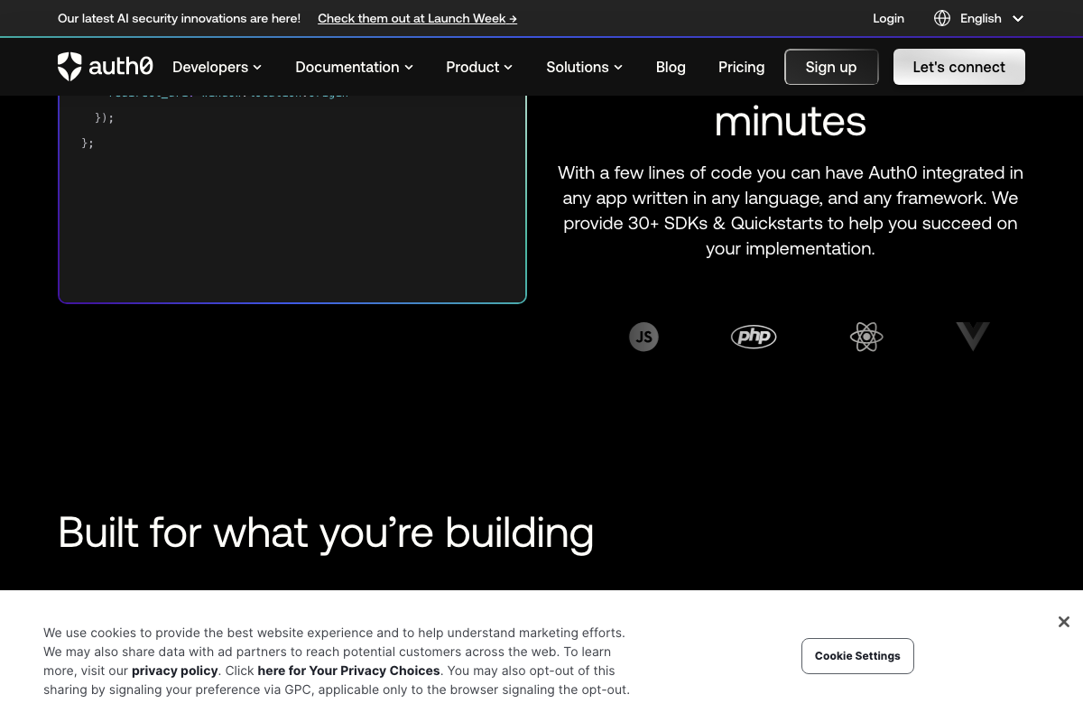 Auth0 showing 30+ SDK support including React and Node.js Quickstarts