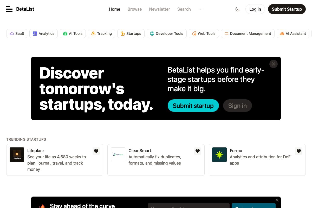 BetaList homepage: technology-startup focus with no visible health or wellness category.