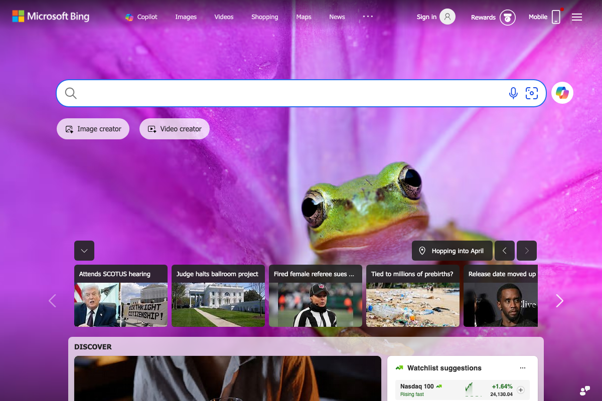 Microsoft Bing consumer search homepage — captured in place of Bing Webmaster Tools (bing.com/webmasters), which is the actual integration point referenced in step 10