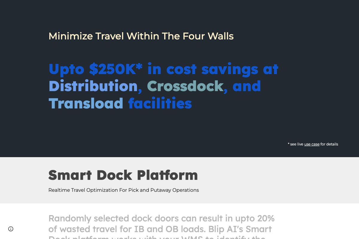 blipai.com homepage showing a warehouse dock door optimization platform — unrelated to the speech-to-text Blip AI product covered in the tutorial