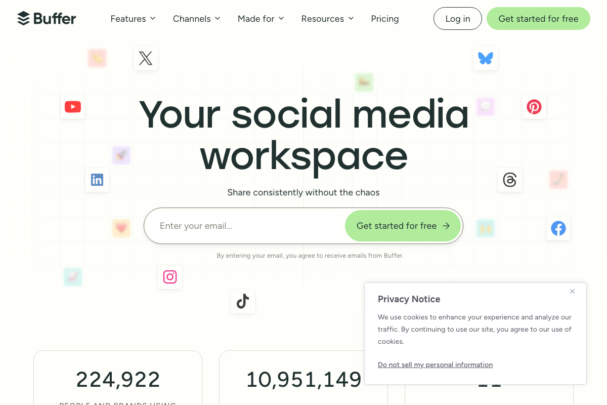 Buffer homepage (April 2026) — platform icon grid showing YouTube, LinkedIn, TikTok, Instagram, and others; Reddit is not among them