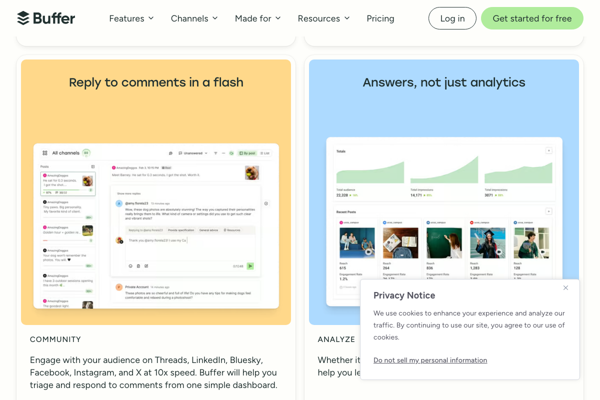 Buffer features page (April 2026) — ANALYZE and COMMUNITY dashboards; Reddit is not listed as a supported channel in either
