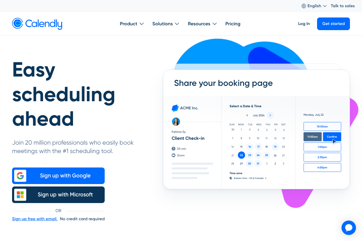 Calendly.com booking page showing date/time picker, 30-min event type, and Zoom integration confirming the self-scheduling mechanic
