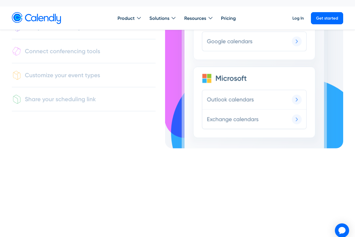 Calendly.com setup flow showing the required Google or Outlook calendar connection as a prerequisite step before a scheduling link is usable