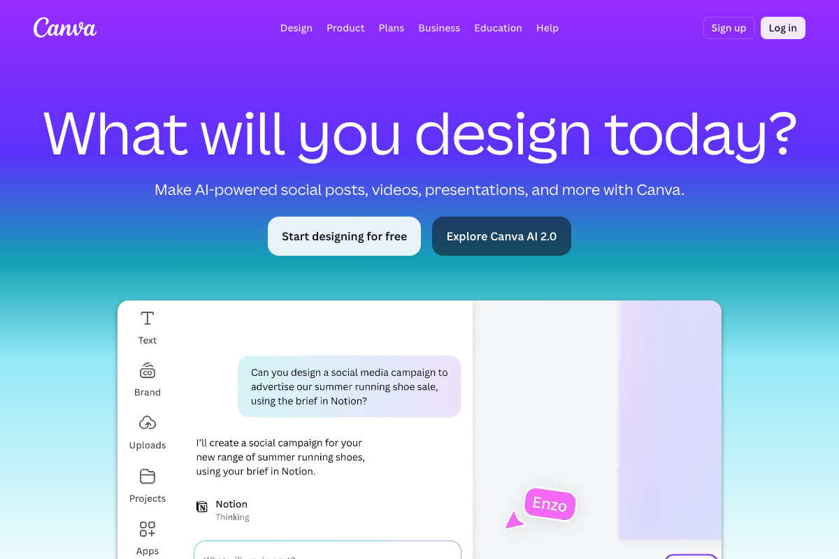 Canva homepage as of April 2026, featuring Canva AI 2.0 with third-party integrations. No Claude Design import or receiving workflow is shown.