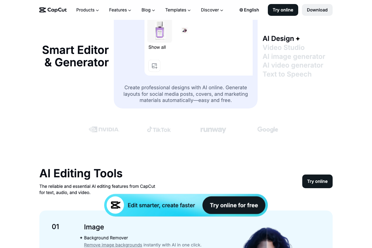 CapCut AI Design suite showing built-in AI image generator, AI video generator, and Text to Speech features