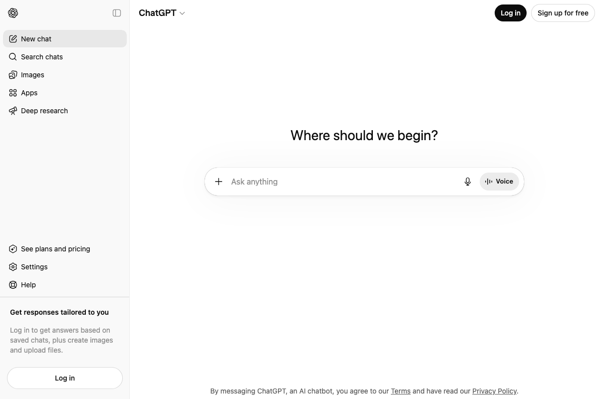 ChatGPT logged-out homepage — model selector and subscription-gated features are not visible without authentication