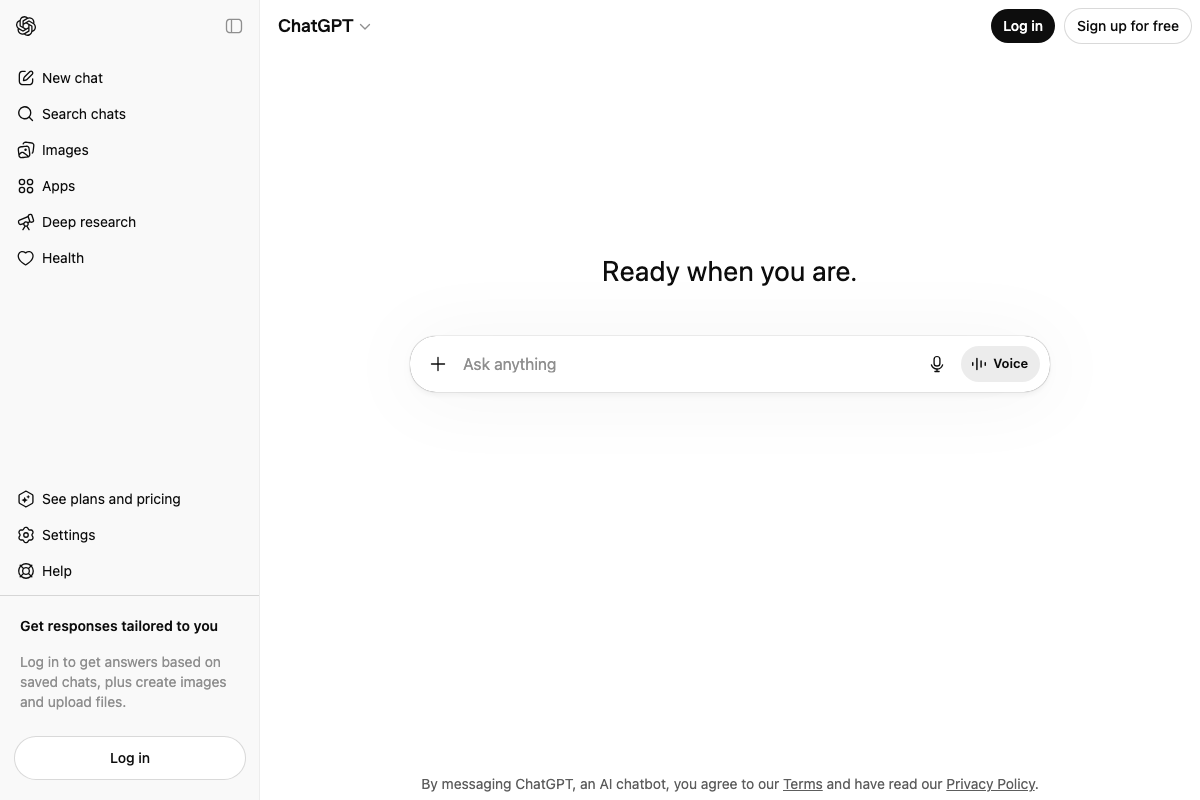 ChatGPT logged-out homepage at chatgpt.com — the prompt interface used in steps 12 and 14 to generate Magic Fit video prompts and scripts