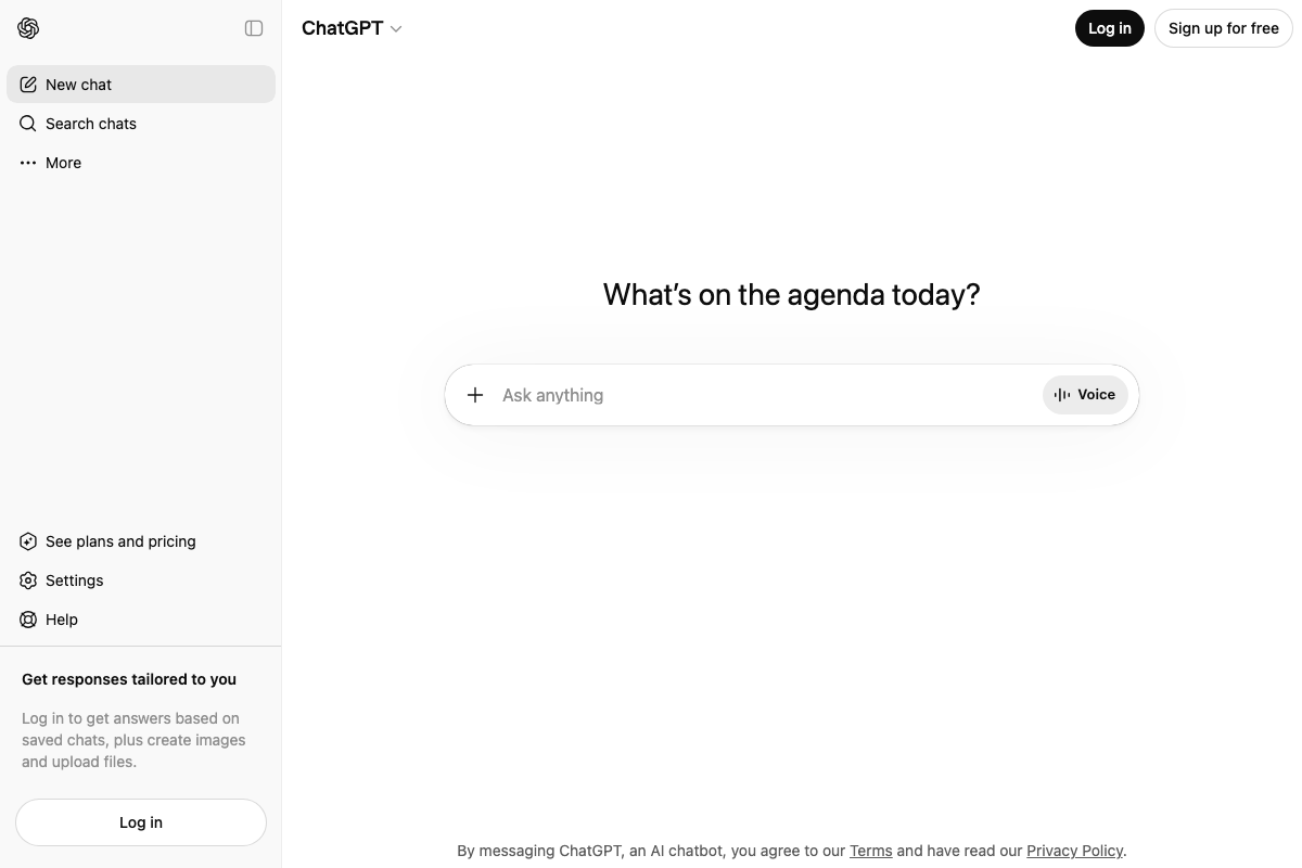 ChatGPT homepage (chatgpt.com) showing the unauthenticated 'Ask anything' prompt interface used for step 2 queries