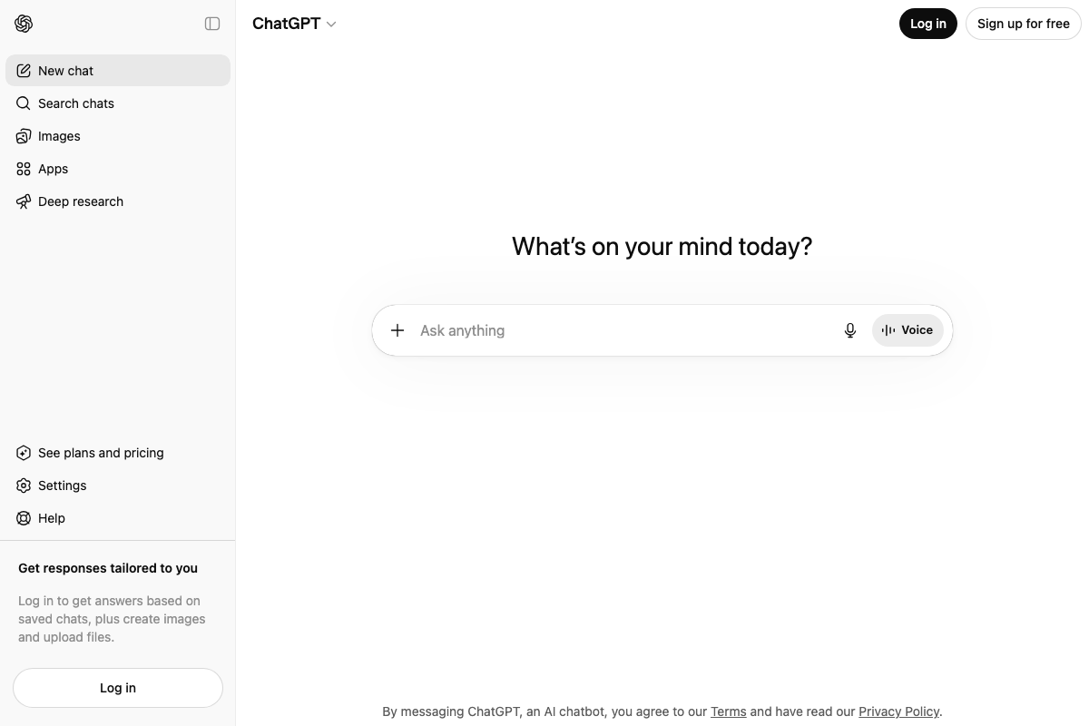 ChatGPT homepage showing Deep Research as a sidebar option alongside the standard prompt interface