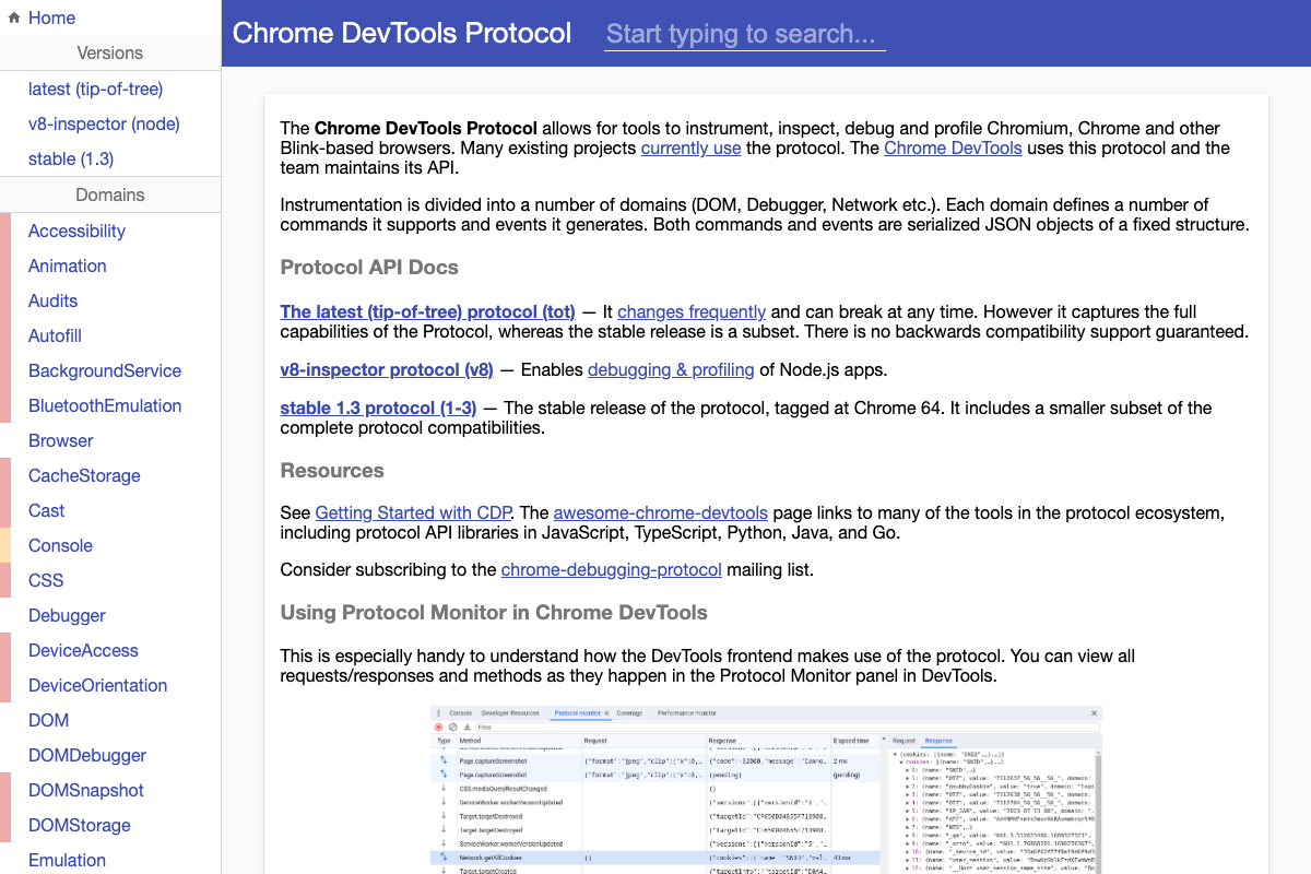 CDP domain list including DOM, DOMSnapshot, and Debugger — protocol primitives underlying SurfAgent's recon capability.