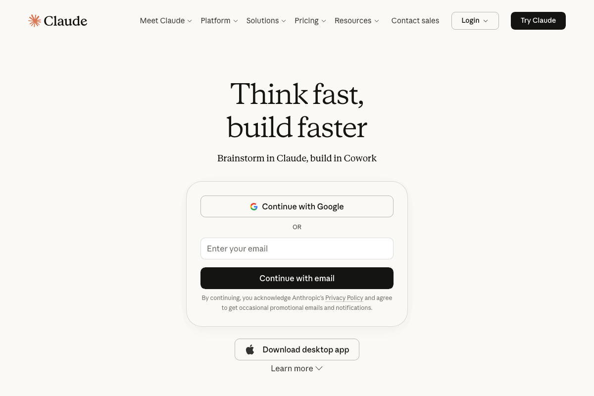 Claude.ai sign-in page — the authenticated entry point required before accessing any Claude Project, including the Landing Page Expert tool