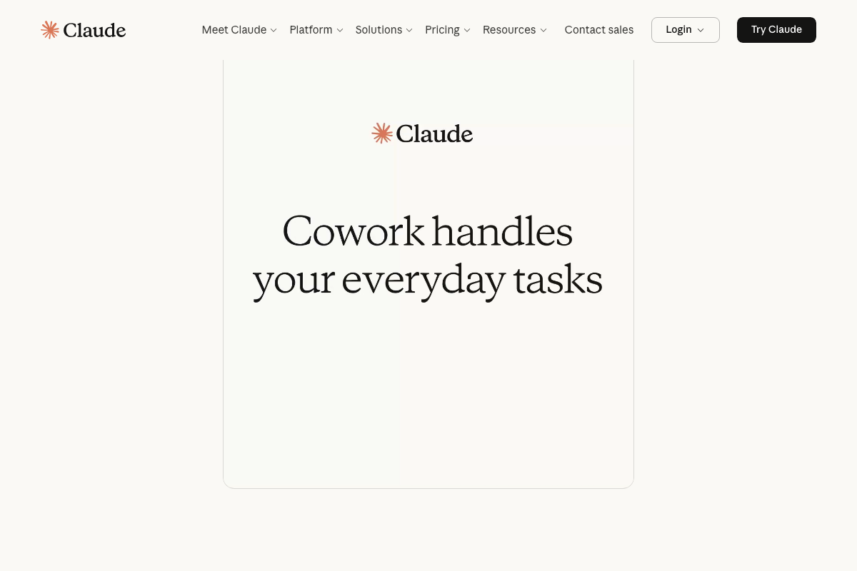Claude.ai 'Cowork' feature panel — a separate product surface from the Projects workspace used in the tutorial