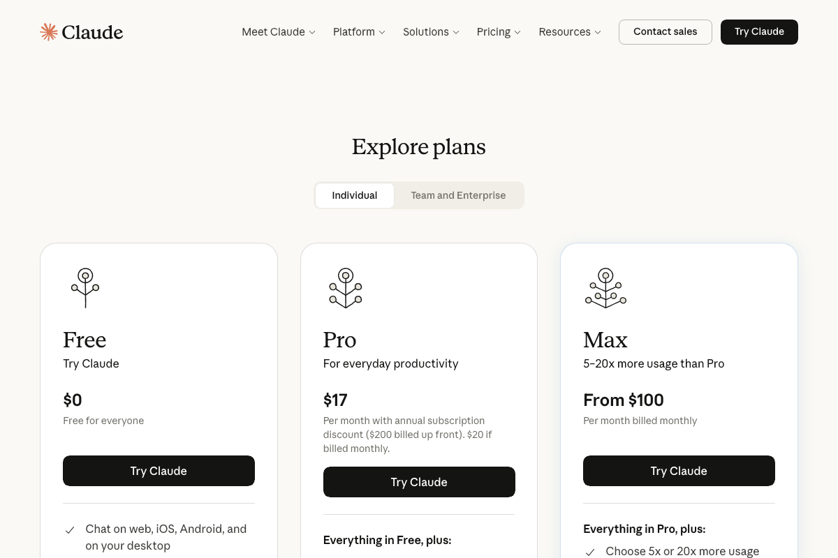 Claude.ai pricing tiers: Free ($0), Pro ($17/mo annual), Max (from $100/mo)