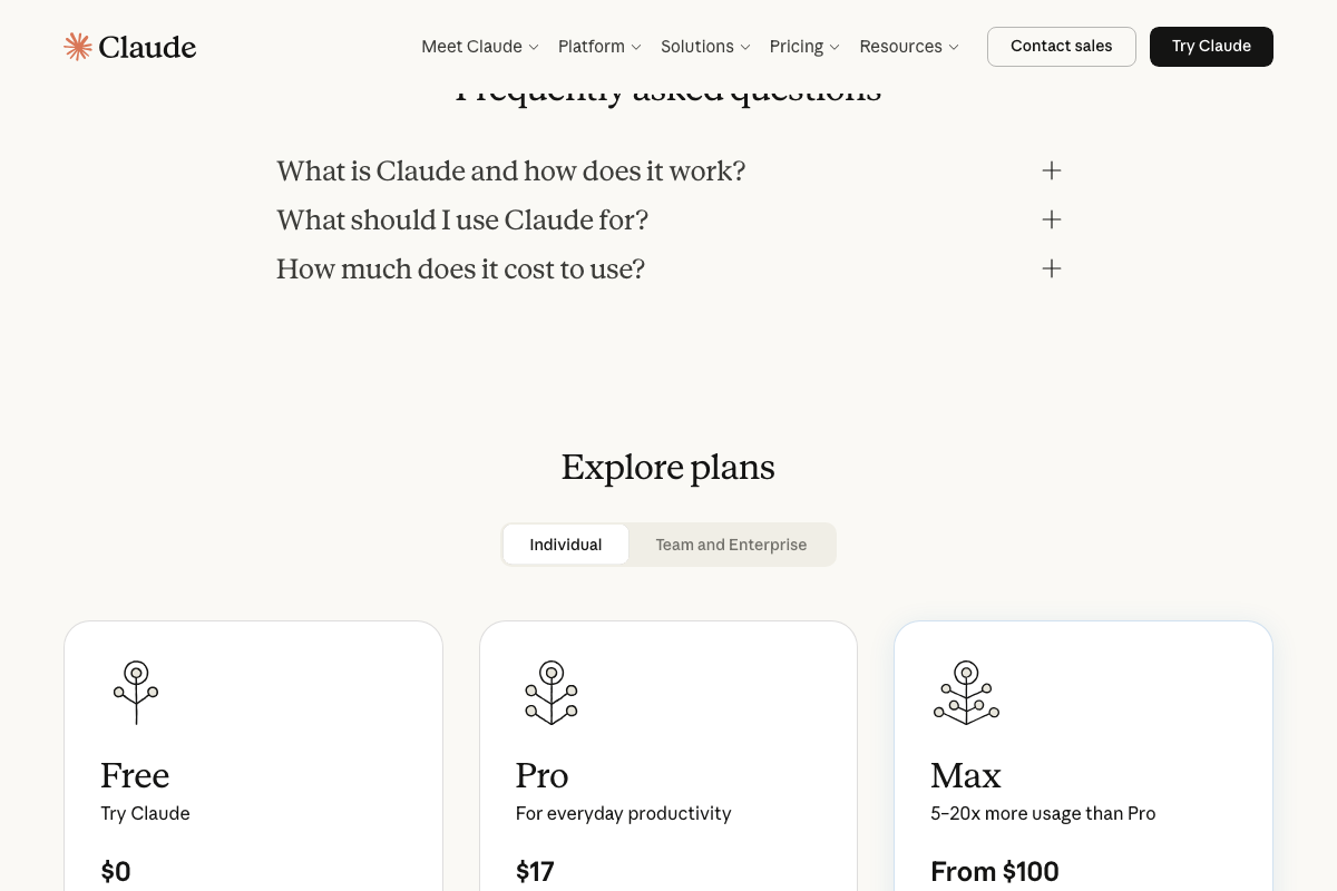 Claude.ai subscription tiers — Free, Pro ($17/month), Max (from $100/month) — consumer plans, not the per-token API pricing relevant to enterprise spend.