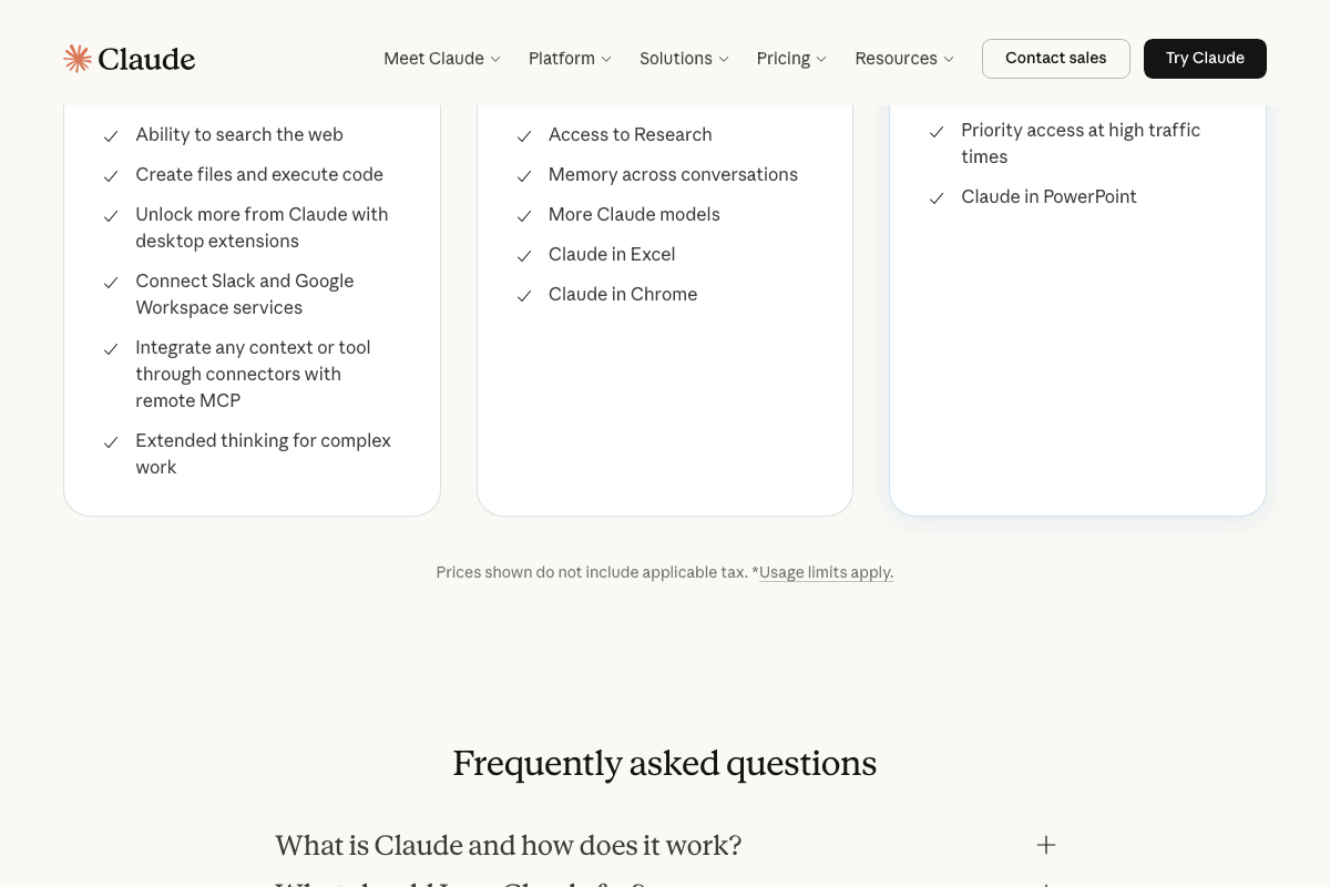 Claude plan comparison — web search and extended thinking are Free-tier capabilities, no paid plan required for prompt engineering.