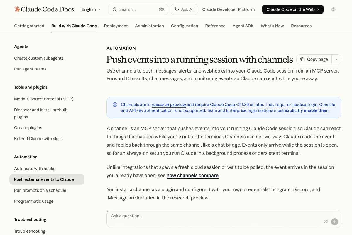 Channels documentation showing research-preview notice, v2.1.80 minimum version, and claude.ai-only authentication requirement.