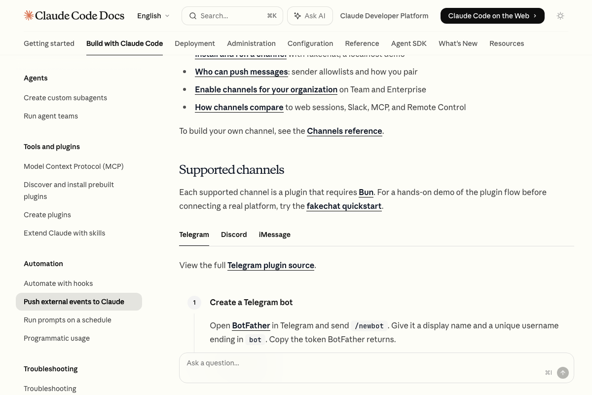 Supported channels section showing Telegram, Discord, and iMessage tabs alongside the Bun runtime requirement and BotFather bot-creation step.