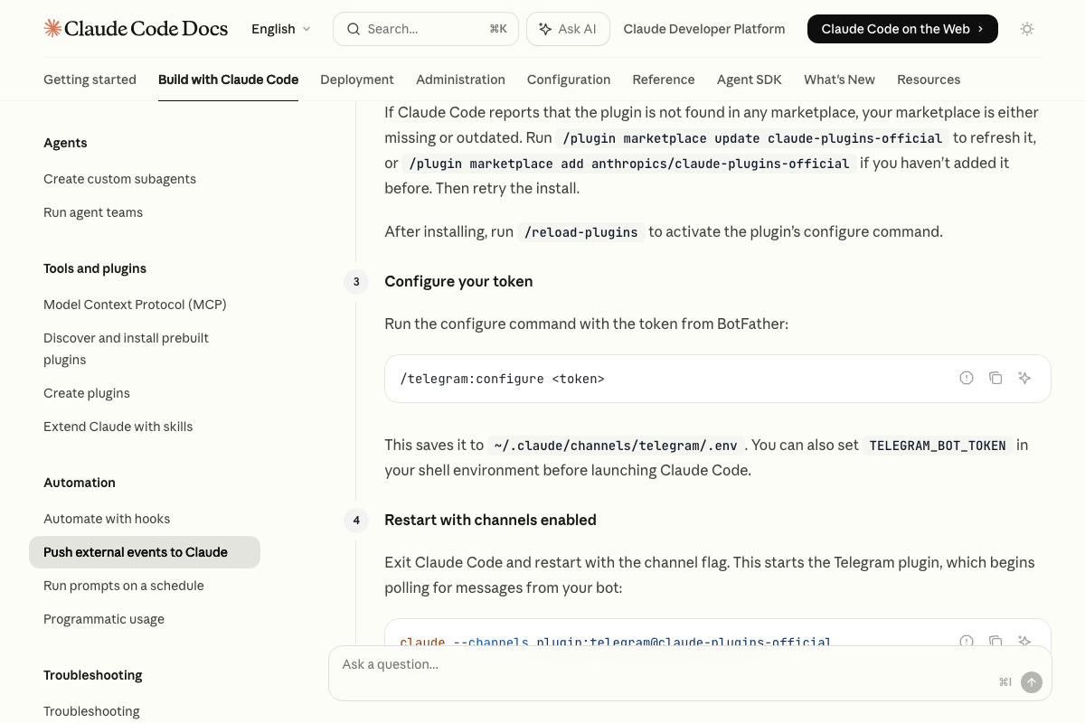 Telegram setup steps 3–4: the /telegram:configure command and restarting Claude Code with the --channels plugin flag.