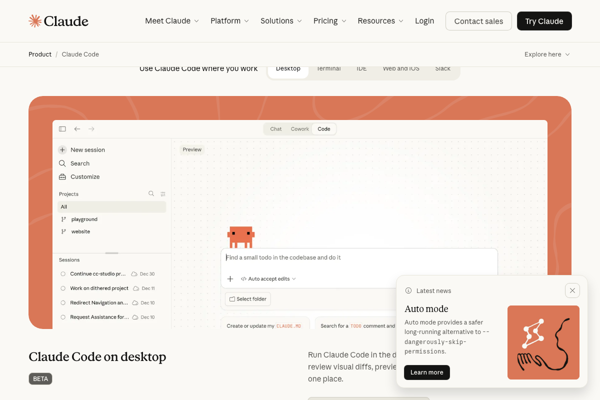 Claude Code on desktop (BETA) showing Chat, Cowork, and Code mode tabs alongside Projects and Sessions in the left sidebar.