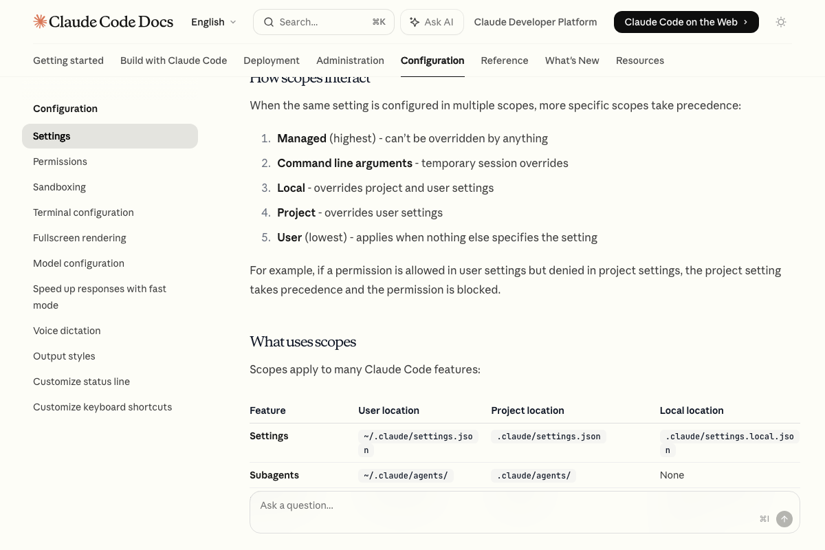 Settings scope precedence table confirming ~/.claude/settings.json as the correct user-scope file path