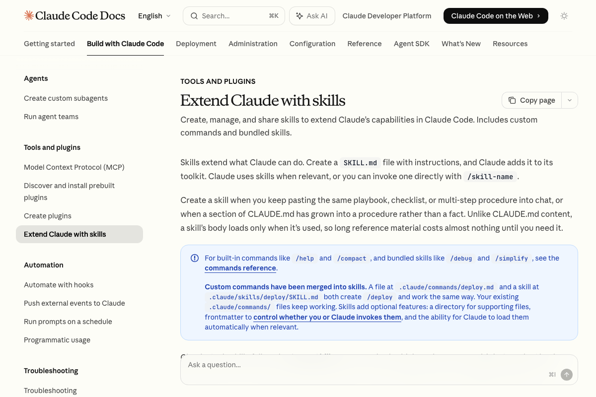 Official skills documentation showing SKILL.md structure and the explicit lazy-loading behavior note.