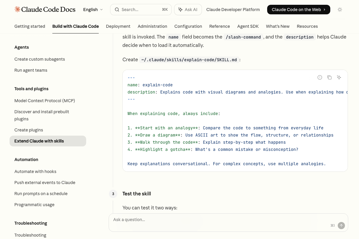 SKILL.md frontmatter showing 'name' and 'description' fields, full path ~/.claude/skills/explain-code/SKILL.md, and the 'Test the skill' section.