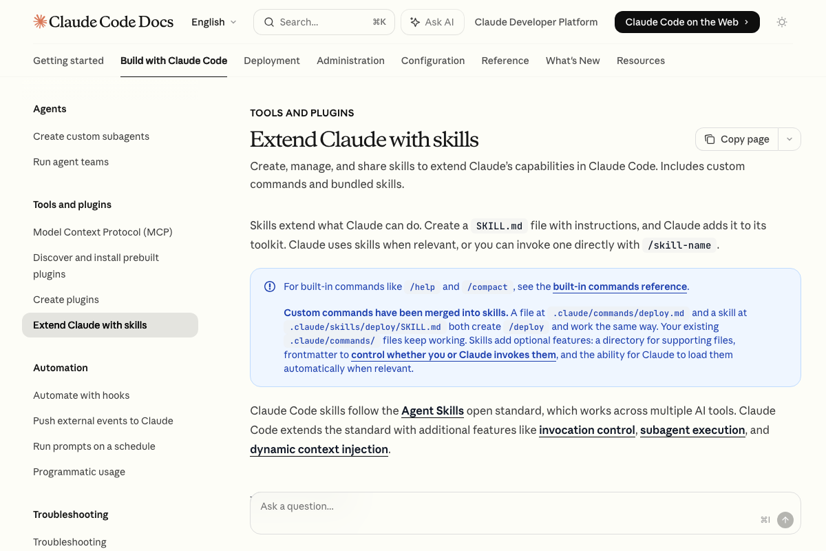 Skills documentation overview confirming SKILL.md format, /slash-command invocation, and backwards compatibility with .claude/commands/ files